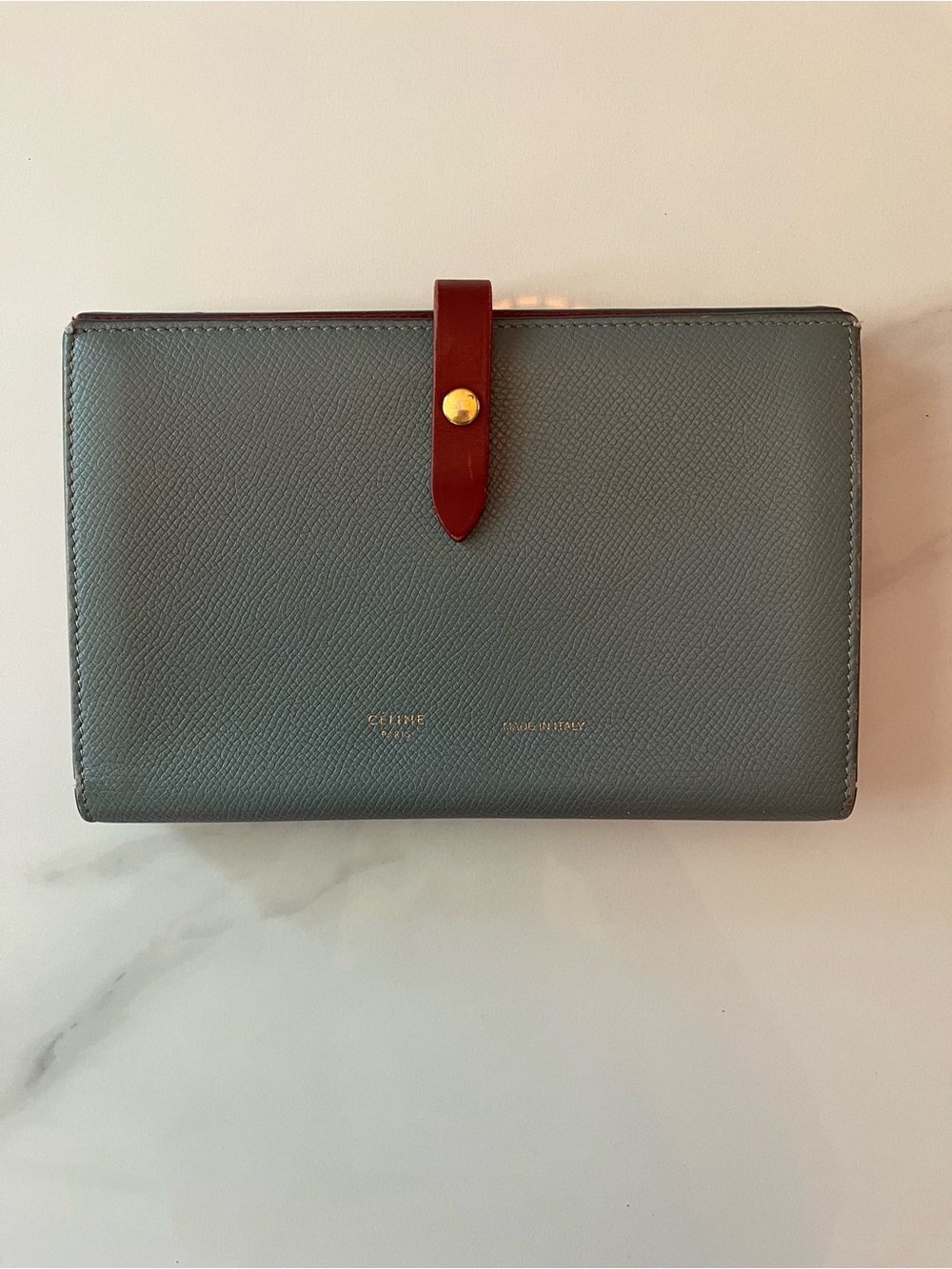 Celine Blue-Gray Leather Wallet with Red Strap